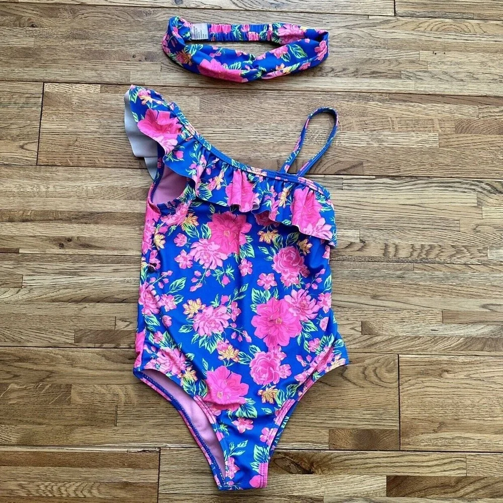 Catherine Malandrino‎ Girls Floral Printed One-piece Swimsuit With Headband Size
